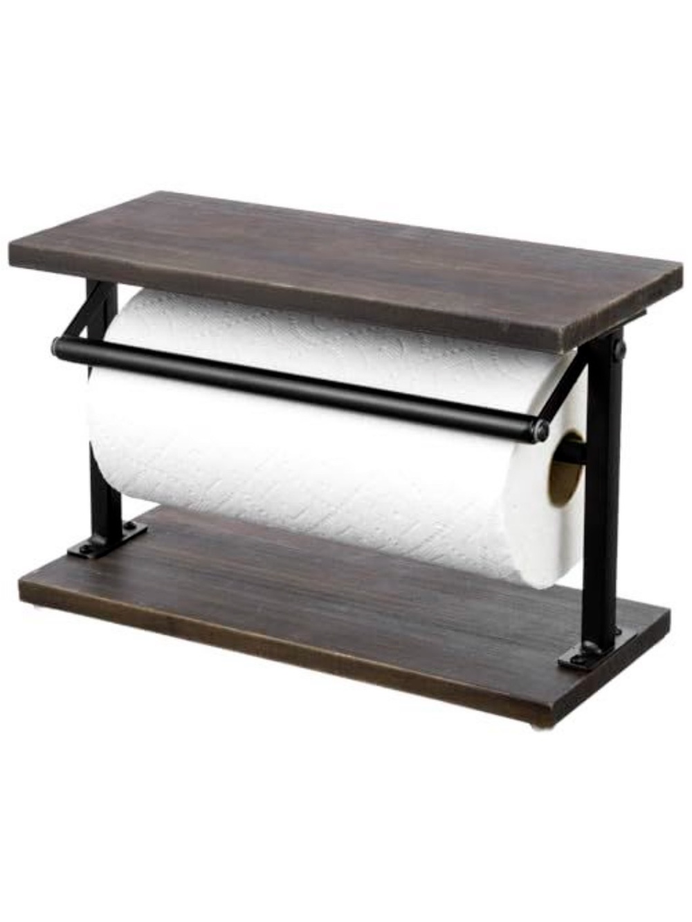 Rustic Wood and Black Metal Paper Towel Holder with Shelf